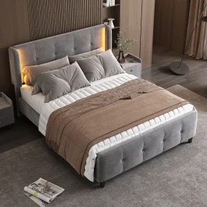 Gestoffeerd tweepersoonsbed, 16-kleuren LED, gewatteerd hoofdeinde/voeteneinde, metaal, verstelbaar, fluweel, grijs, 140x200cm Gestoffeerd tweepersoonsbed, 16-kleuren LED, gewatteerd hoofdeinde/voeteneinde, metaal, verstelbaar, fluweel, grijs, 140x200cm