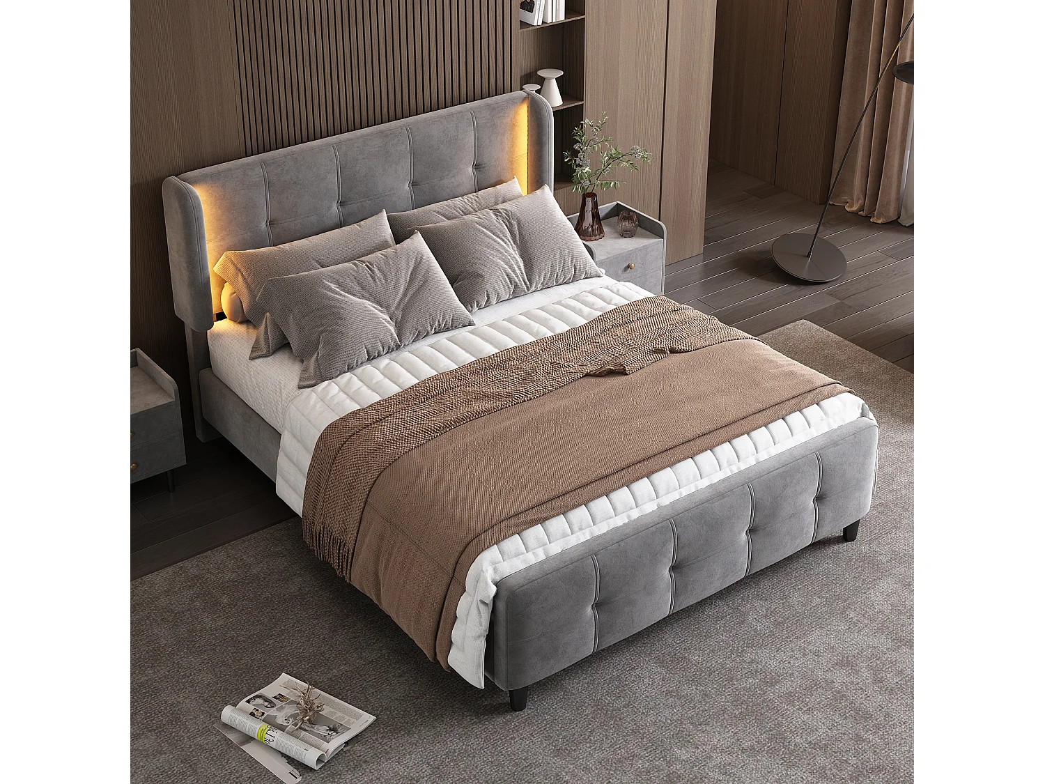 Gestoffeerd tweepersoonsbed, 16-kleuren LED, gewatteerd hoofdeinde/voeteneinde, metaal, verstelbaar, fluweel, grijs, 140x200cm