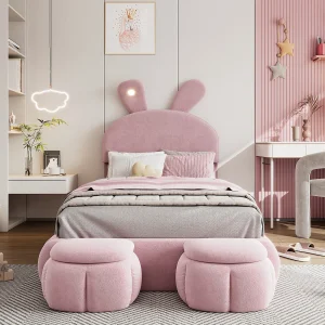 Gestoffeerd eenpersoonsbed, konijnenoren (dimbaar licht, warme strepen), 2 krukken, houten lattenbodem, fluweel, roze, 90x200cm Gestoffeerd eenpersoonsbed, konijnenoren (dimbaar licht, warme strepen), 2 krukken, houten lattenbodem, fluweel, roze, 90x200cm