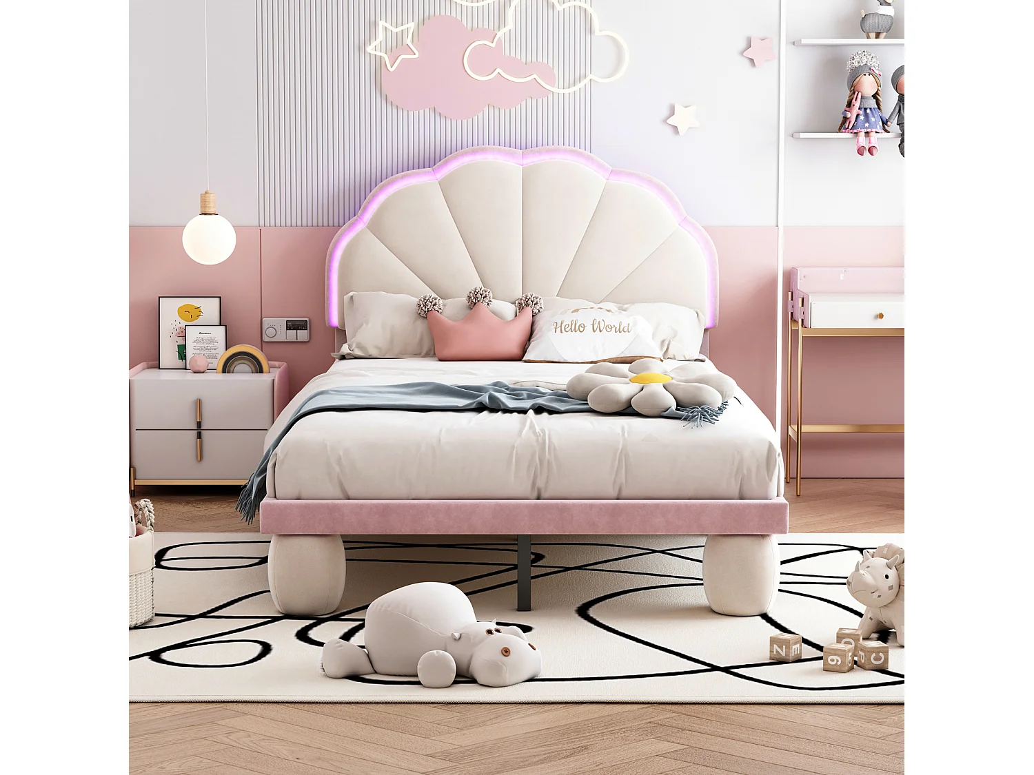 Gestoffeerd bed, multi-color LED, geschulpt hoofdeinde, gewatteerde poten, fluweel, beige+roze, 90x200cm
