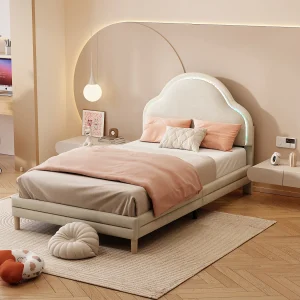 Gestoffeerd kinderbed 90x200cm, eenpersoons, fluweel beige, houten lattenbodem, wolkvormig hoofdbord met veranderende multi-color LED-strips. Gestoffeerd kinderbed 90x200cm, eenpersoons, fluweel beige, houten lattenbodem, wolkvormig hoofdbord met veranderende multi-color LED-strips.