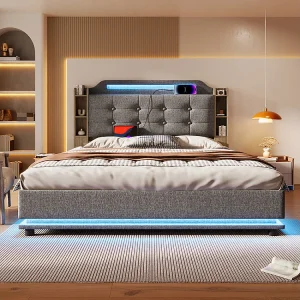 Gestoffeerd tweepersoonsbed 140 x 200 cm, met ledstrip, hydraulische opbergruimte, opbergvakken, USB- en Type-C-aansluitingen, linnen stof, grijs Gestoffeerd tweepersoonsbed 140 x 200 cm, met ledstrip, hydraulische opbergruimte, opbergvakken, USB- en Type-C-aansluitingen, linnen stof, grijs