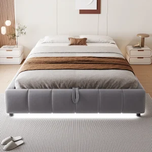 Gestoffeerd bed voor volwassenen 140 x 200 cm, zonder hoofdeinde, met ledstrip (monochroom), hydraulisch verende bedbodem, grijs