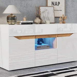 Glanzend buffet 140×40×70 cm – 4 laden en 2 deuren – met LED-verlichting – wit + naturel Glanzend buffet 140×40×70 cm – 4 laden en 2 deuren – met LED-verlichting – wit + naturel