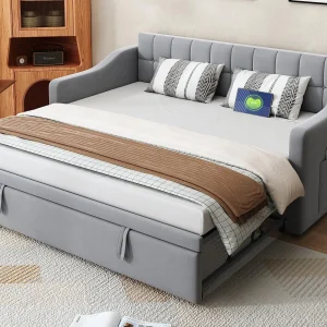 Gestoffeerde slaapbank 90/180×190 cm – fluweel – met stopcontact – met opbergzak – lichtgrijs (matras niet inbegrepen) Gestoffeerde slaapbank 90/180×190 cm – fluweel – met stopcontact – met opbergzak – lichtgrijs (matras niet inbegrepen)