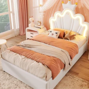 Gestoffeerd kinderbed 90×200 cm – opbergbed – met LED-lichtstrip – verstelbaar hoofdeinde – wit (matras niet inbegrepen) Gestoffeerd kinderbed 90×200 cm – opbergbed – met LED-lichtstrip – verstelbaar hoofdeinde – wit (matras niet inbegrepen)