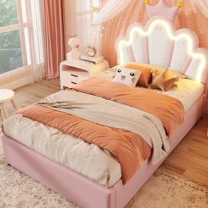Gestoffeerd kinderbed 90×200 cm – opbergbed – met LED-lichtstrip – verstelbaar hoofdeinde – roze (matras niet inbegrepen) Gestoffeerd kinderbed 90×200 cm – opbergbed – met LED-lichtstrip – verstelbaar hoofdeinde – roze (matras niet inbegrepen)