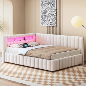 Gestoffeerd bed 140 x 200 cm, met LED en USB, bedframe met houten lattenbodem, beige Gestoffeerd bed 140 x 200 cm, met LED en USB, bedframe met houten lattenbodem, beige