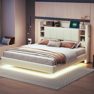 Gestoffeerd bed, 160 x 200 cm, multifunctioneel, met LED-verlichting en USB-interface, metalen frame, beige Gestoffeerd bed, 160 x 200 cm, multifunctioneel, met LED-verlichting en USB-interface, metalen frame, beige