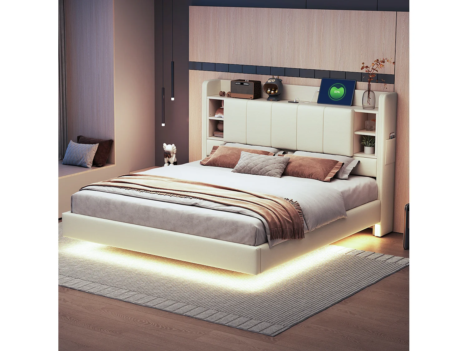Gestoffeerd bed, 160 x 200 cm, multifunctioneel, met LED-verlichting en USB-interface, metalen frame, beige