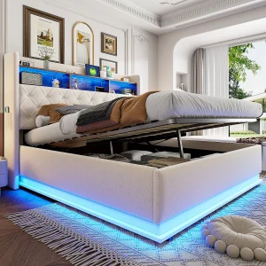 Gestoffeerd tweepersoonsbed, 180 x 200 cm, met hydraulische opberging, LED, lattenbodem, beige Gestoffeerd tweepersoonsbed, 180 x 200 cm, met hydraulische opberging, LED, lattenbodem, beige