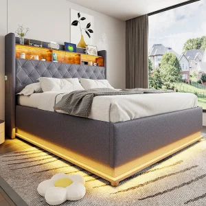 Gestoffeerd tweepersoonsbed, 160 x 200 cm, met hydraulische opberging, LED, lattenbodem, grijs Gestoffeerd tweepersoonsbed, 160 x 200 cm, met hydraulische opberging, LED, lattenbodem, grijs