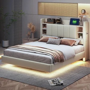 Gestoffeerd bed, 140 x 200 cm, multifunctioneel, met LED-verlichting en USB-interface, metalen frame, beige Gestoffeerd bed, 140 x 200 cm, multifunctioneel, met LED-verlichting en USB-interface, metalen frame, beige