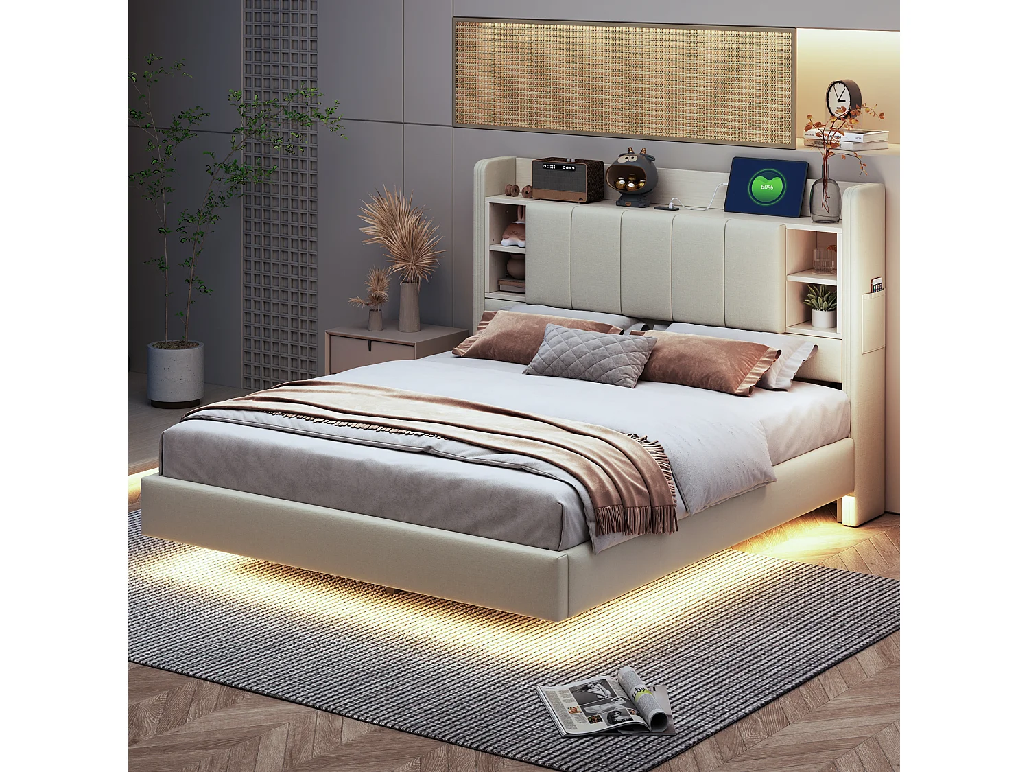 Gestoffeerd bed, 140 x 200 cm, multifunctioneel, met LED-verlichting en USB-interface, metalen frame, beige