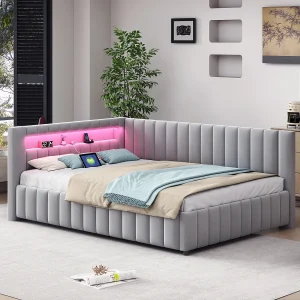 Gestoffeerd bed 140 x 200 cm, met ledverlichting en usb-aansluiting, bedframe met houten lattenbodem, grijs Gestoffeerd bed 140 x 200 cm, met ledverlichting en usb-aansluiting, bedframe met houten lattenbodem, grijs