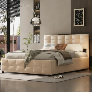 Gestoffeerd hydraulisch bed 180×200 cm met opbergruimte eronder, met lattenbodem, fluweel, beige Gestoffeerd hydraulisch bed 180×200 cm met opbergruimte eronder, met lattenbodem, fluweel, beige