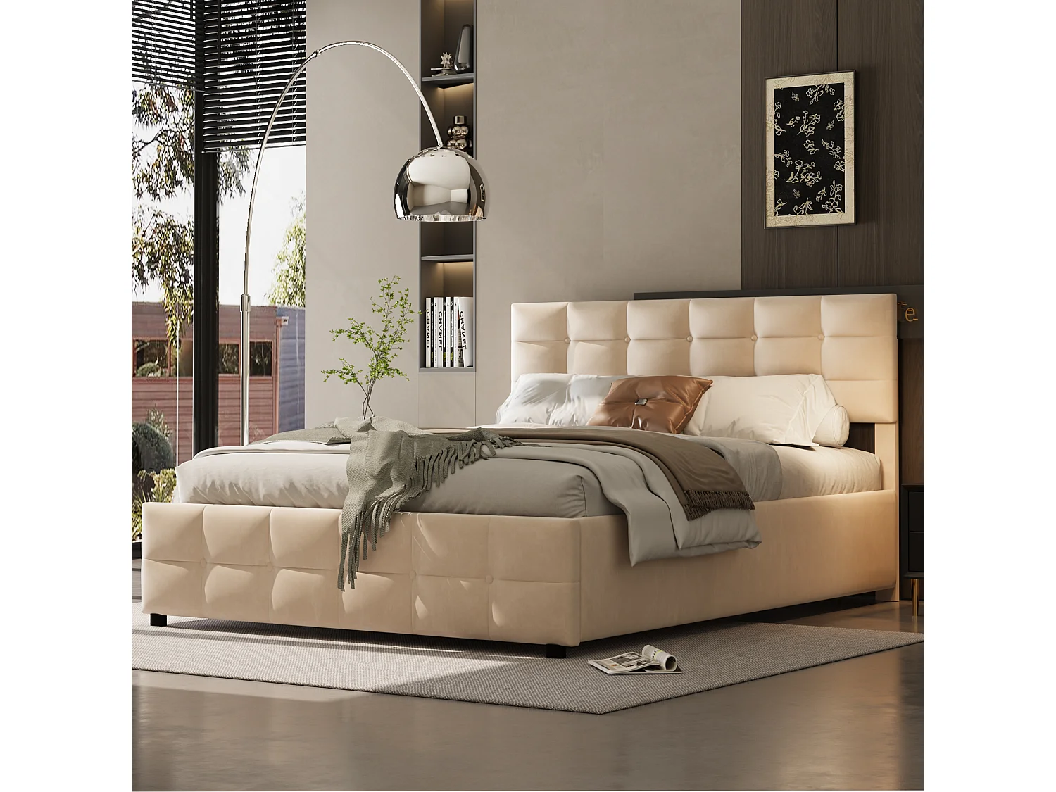 Gestoffeerd hydraulisch bed 180x200 cm met opbergruimte eronder, met lattenbodem, fluweel, beige