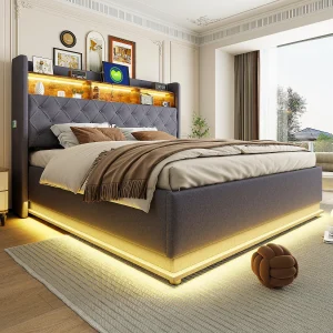 Gestoffeerd tweepersoonsbed, 180 x 200 cm, met hydraulische opberging, LED, lattenbodem, grijs Gestoffeerd tweepersoonsbed, 180 x 200 cm, met hydraulische opberging, LED, lattenbodem, grijs