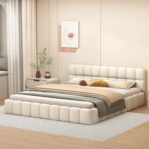 Gestoffeerd tweepersoonsbed, bubbel, 140 x 190 cm, met lattenbodem en zachte rugleuning, linnen, beige Gestoffeerd tweepersoonsbed, bubbel, 140 x 190 cm, met lattenbodem en zachte rugleuning, linnen, beige