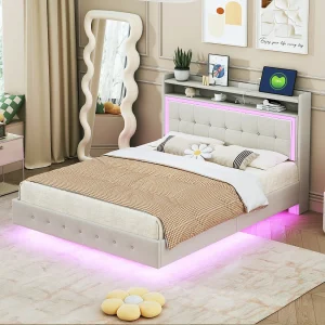 Gestoffeerd bed 140x200cm, met USB-aansluiting en LED-verlichting, nachtkastje met opbergruimte, verborgen poten, linnen, beige Gestoffeerd bed 140x200cm, met USB-aansluiting en LED-verlichting, nachtkastje met opbergruimte, verborgen poten, linnen, beige