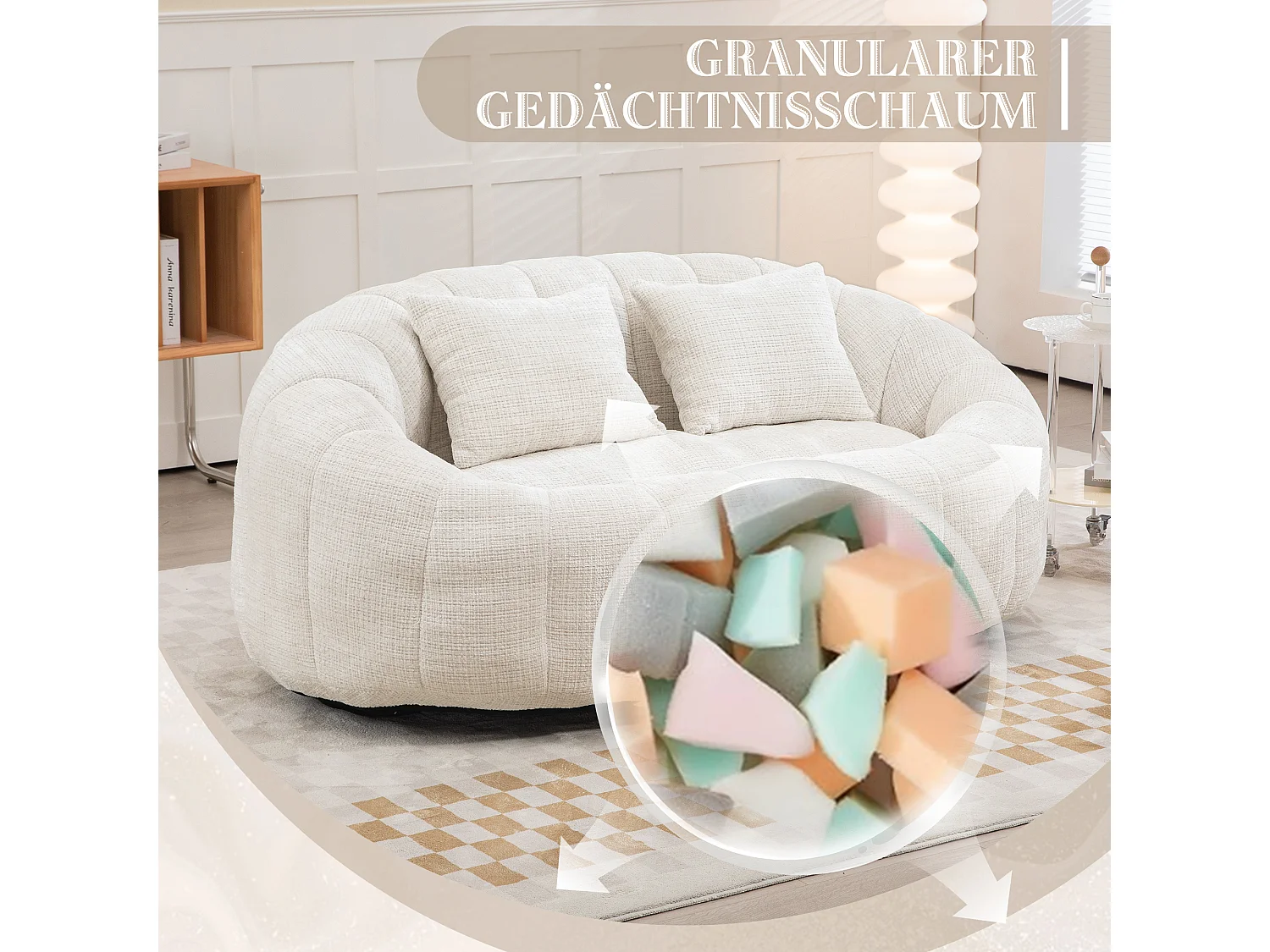 Grote relaxfauteuil met hoge rugleuning, gestoffeerd, chenillestof, beige, schuimvulling (150x95x63cm)