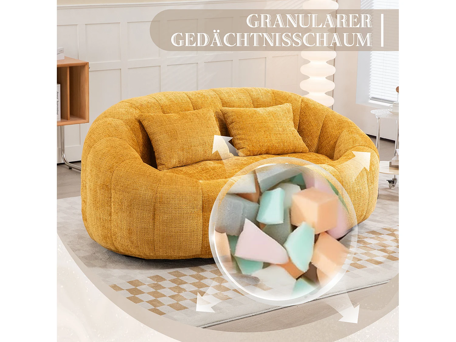 Grote zitzak met hoge rugleuning, ultracomfortabel, schuimvulling, gele chenillestof (150x95x63cm)