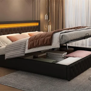 Gestoffeerd kunstleer opbergbed met LED – 160x200cm – met lattenbodem – Zwart Gestoffeerd kunstleer opbergbed met LED – 160x200cm – met lattenbodem – Zwart