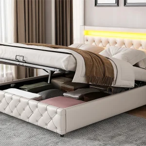 Gestoffeerd kunstleer opbergbed met LED – 160x200cm – met lattenbodem – Wit Gestoffeerd kunstleer opbergbed met LED – 160x200cm – met lattenbodem – Wit