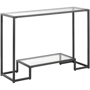Glazen Consoletafel SucceBuy met 2 Niveaus, Rechthoekig, Modern, Bijzettafel met Blad van Gehard Glas, IJzeren Poten en Anti-kantelbeveiliging, Zwart Glazen Consoletafel SucceBuy met 2 Niveaus, Rechthoekig, Modern, Bijzettafel met Blad van Gehard Glas, IJzeren Poten en Anti-kantelbeveiliging, Zwart