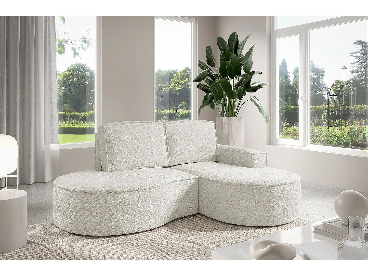 Hoekbank MOLLY – Halfrond, Abriamo-Bouclé, Losse Kussens, Bouclé-bekleding, 210x157x88 cm, Rechts Wit