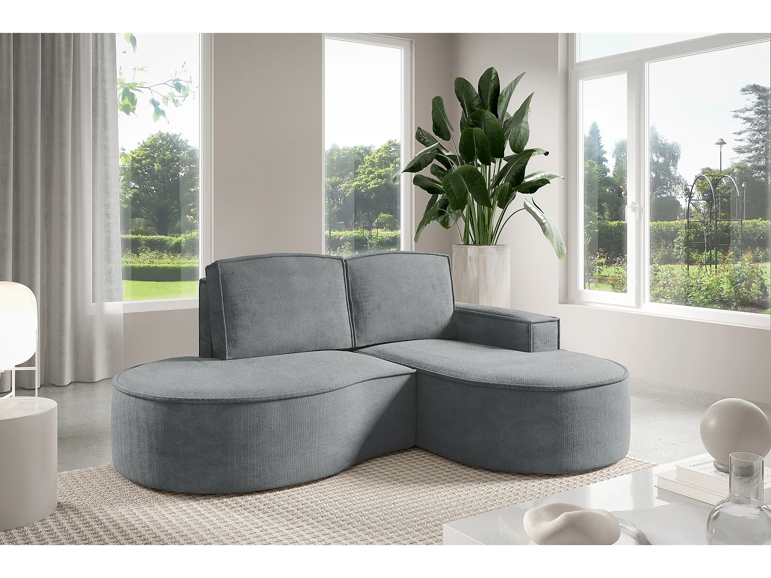 Hoekbank MOLLY Zonder Slaapfunctie – Halfrond, Curio-Bouclé-Stof, Met Losse Rugkussens, Zachte Bouclé-Bekleding, 210x157x88 cm, Rechterzijde Grijs