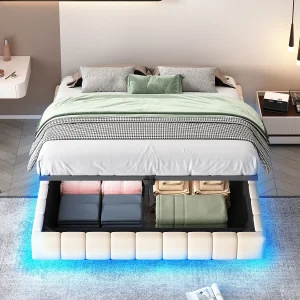 Gestoffeerd bed 160×200 cm zonder hoofdbord – hydraulisch zwevend frame, LED, ingebouwde opbergruimte – Beige linnen (zonder matras)