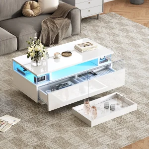 Glanzende salontafel – 90 x 45 x 35,5 cm – salontafel met 2 lades + LED's – spaanplaat – wit