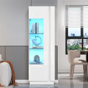 Glanzende vitrinekast – 60 x 40 x 180 cm – met LED's + 3 glazen planken – spaanplaat – wit