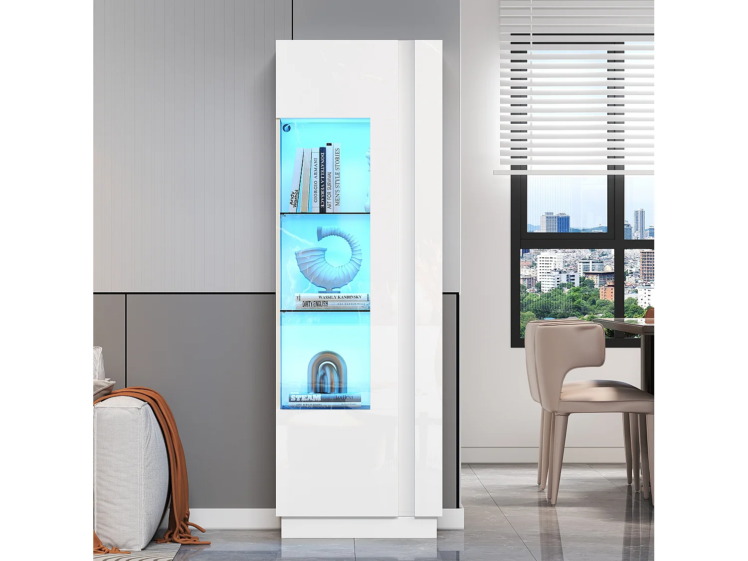 Glanzende vitrinekast - 60 x 40 x 180 cm - met LED's + 3 glazen planken - spaanplaat - wit