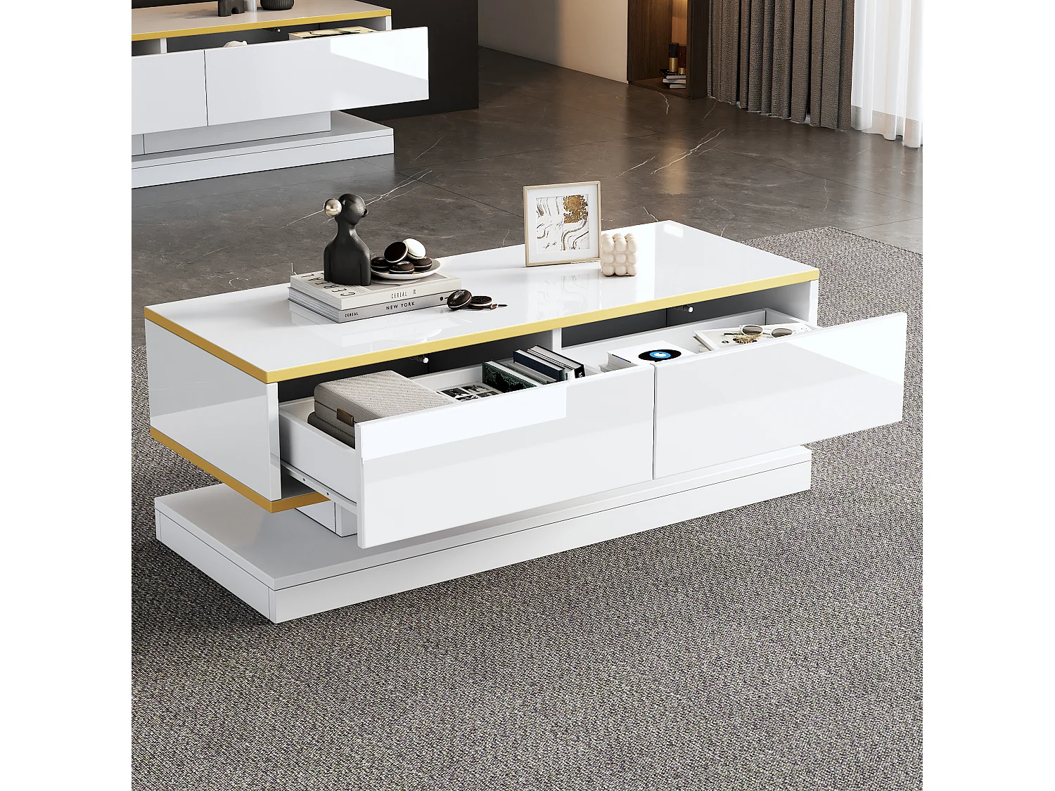 Glanzende salontafel - 100 x 50 x 38 cm - met 2 lades - bijzettafel - spaanplaat - wit