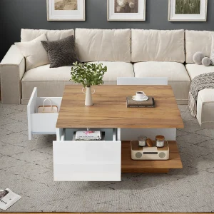 Glanzende salontafel – 70 x 70 x 31,5 cm – met 3 laden – salontafel – spaanplaat – wit