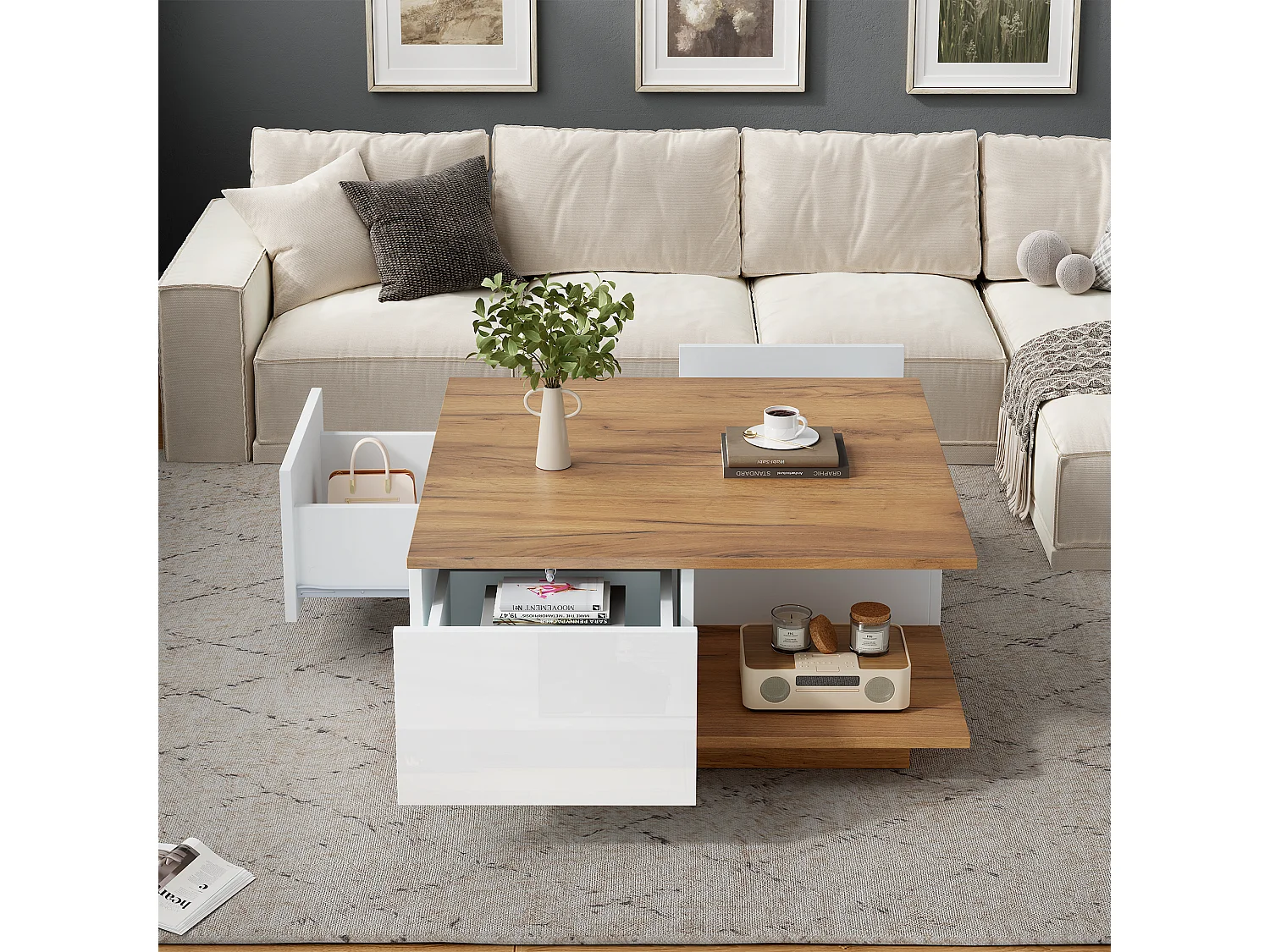 Glanzende salontafel - 70 x 70 x 31,5 cm - met 3 laden - salontafel - spaanplaat - wit