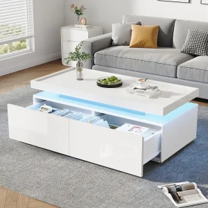 Glanzende salontafel voor de woonkamer – 95 x 45 x 35 cm – met LED's + 2 lades – spaanplaat – wit