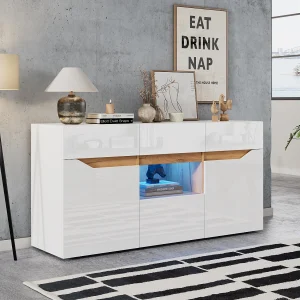 Glanzende woonkamerkast – 140 x 40 x 70 cm – met 4 lades + 2 deuren + LED's – spaanplaat – wit