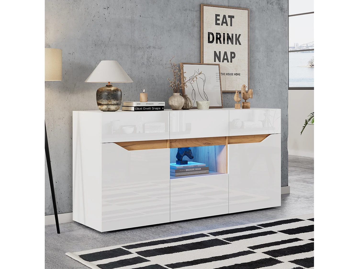 Glanzende woonkamerkast - 140 x 40 x 70 cm - met 4 lades + 2 deuren + LED's - spaanplaat - wit