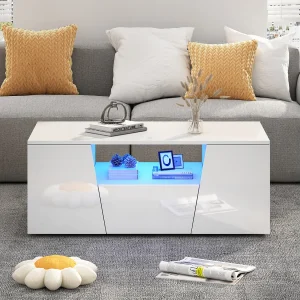 Glanzende salontafel – 100 x 50 x 40 cm – met LED's + 2 deuren + 1 lade – spaanplaat – wit