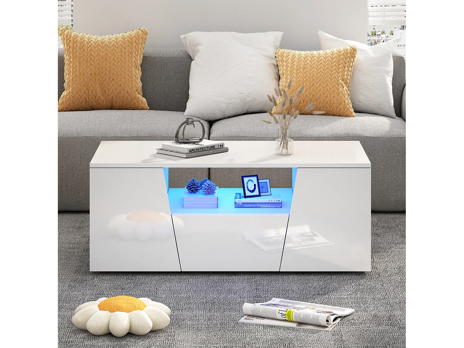 Glanzende salontafel - 100 x 50 x 40 cm - met LED's + 2 deuren + 1 lade - spaanplaat - wit