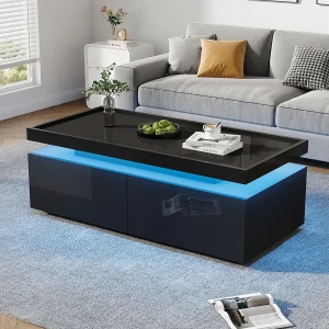 Glanzende salontafel voor de woonkamer – 95 x 45 x 35 cm – met LED's + 2 lades – spaanplaat – zwart