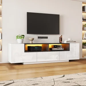 Glanzende tv-kast – 180 x 40 x 48 cm – met led's + 1 lade + 2 deuren – spaanplaat – wit Glanzende tv-kast – 180 x 40 x 48 cm – met led's + 1 lade + 2 deuren – spaanplaat – wit