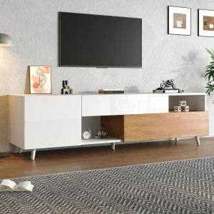 Glanzende tv-kast – 180 x 38 x 50 cm – met 2 deuren + 1 lade + 7 opbergvakken – spaanplaat – wit Glanzende tv-kast – 180 x 38 x 50 cm – met 2 deuren + 1 lade + 7 opbergvakken – spaanplaat – wit