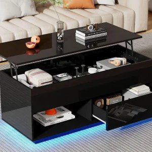 Hefbare salontafel met LED – met opbergruimte – glanzend effect – Zwart Hefbare salontafel met LED – met opbergruimte – glanzend effect – Zwart