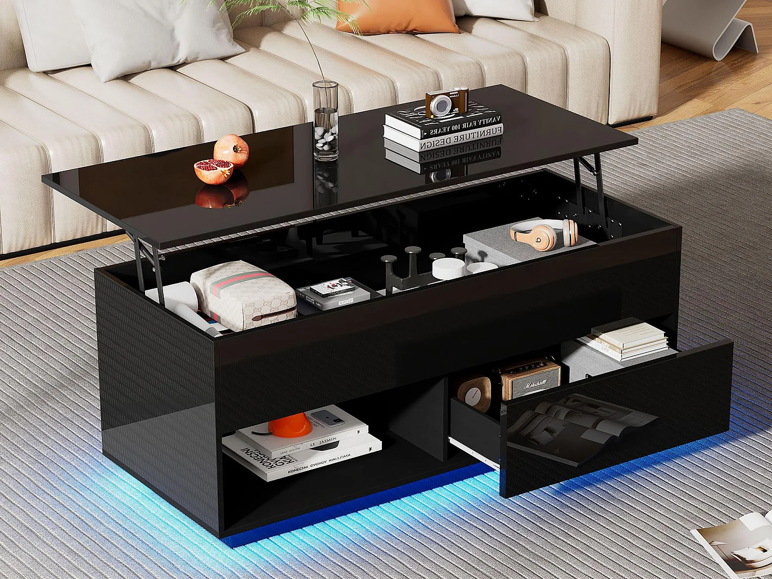 Hefbare salontafel met LED - met opbergruimte - glanzend effect - Zwart