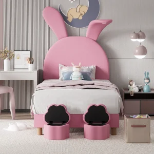 Gestoffeerd bed 90 x 200 cm met 2 opbergkrukjes voor kinderen – LED-nachtkastje – verstelbaar hoofdeinde – fluweel – roze