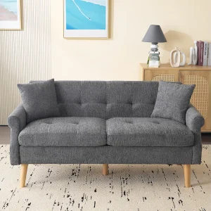 Grijze 2-zitsbank, chenillestof, houten poten, 162x74x77cm Grijze 2-zitsbank, chenillestof, houten poten, 162x74x77cm